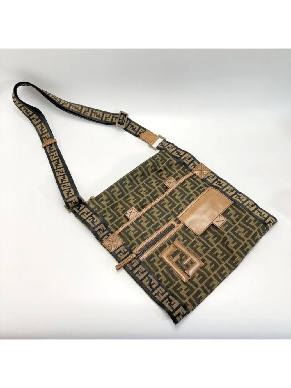 Fendi Zucca Pattern Shoulder Bag Brown Canvas Leather